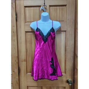 Y2K Sz M Fredericks Of Hollywood Chemise Pink Black Lace Satin Slip Babydoll Vtg